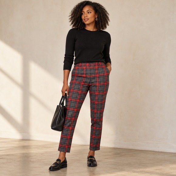 Talbots Pants - Talbots Plaid Wool Blend Slim Ankle Pants Red Grey Tartan Size 12 Side Zip